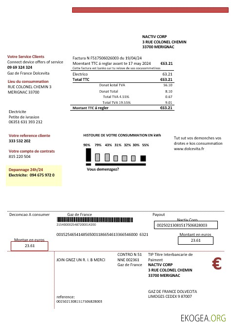 Modèle de facture de services publics pour entreprise France Gaz de France Dolcevita aux formats Word et PDF1